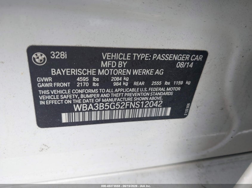 2015 BMW 3er VIN WBA3B5G52FNS12042 IAAI salvage auction — LEFT REAR, Wait Title, sold $1,700 on 2026-08-21 (photo 9)