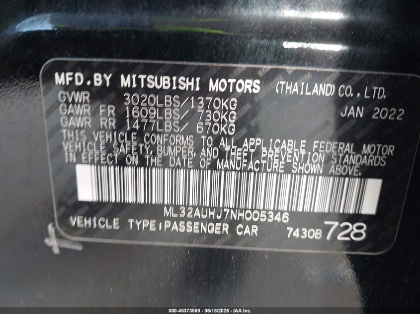 2022 Mitsubishi Mirage VIN ML32AUHJ7NH005346 IAAI salvage auction — LEFT FRONT, Salvage Title, sold $2,150 on 2026-07-21 (photo 9)