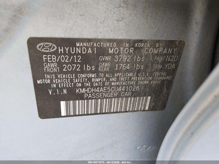 2012 Hyundai Elantra VIN KMHDH4AE5CU441028 IAAI salvage auction — LEFT SIDE, Original (Texas), sold $25 on 2026-07-28 (photo 9)