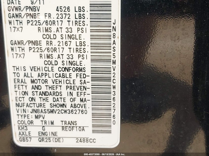 2012 Nissan Rogue VIN JN8AS5MV2CW362760 IAAI salvage auction — FRONT END, Salvage - Greater Than 75% (Maryland), sold $125 on 2026-07-28 (photo 9)