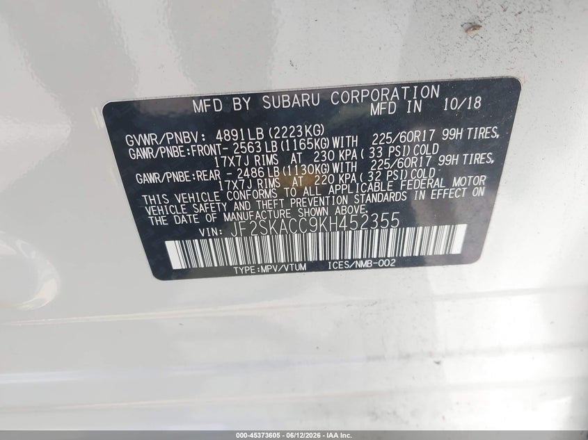 2019 Subaru Forester VIN JF2SKACC9KH452355 IAAI salvage auction — FRONT END, Salvage (New Jersey), sold $1,700 on 2026-07-27 (photo 9)