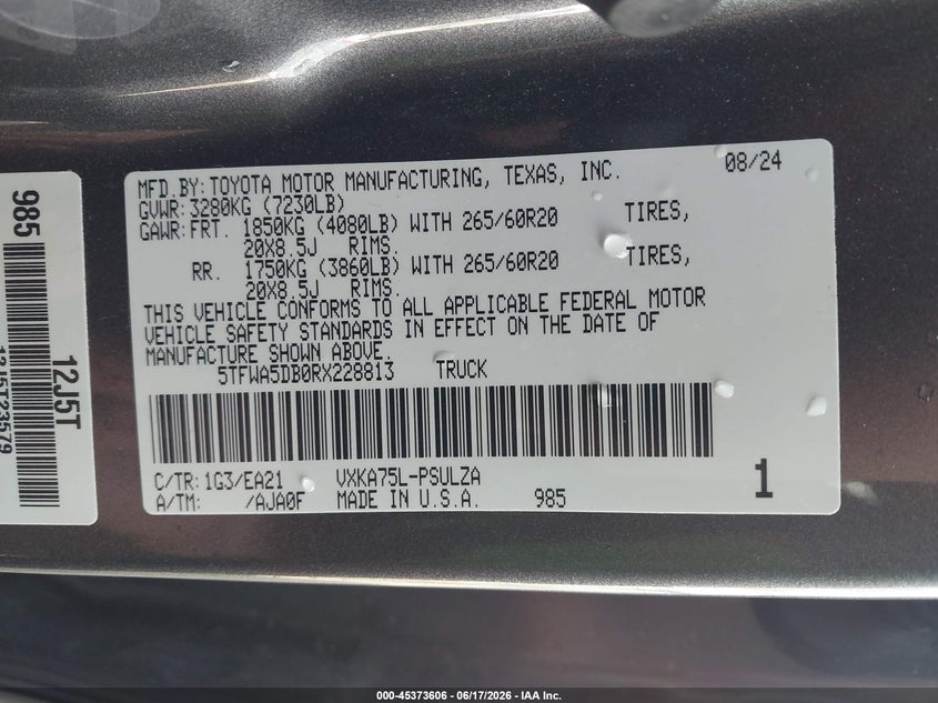 2024 Toyota Tundra VIN 5TFWA5DB0RX228813 IAAI salvage auction — FRONT & REAR, Salvage (Arkansas), sold $24,250 on 2026-07-22 (photo 9)