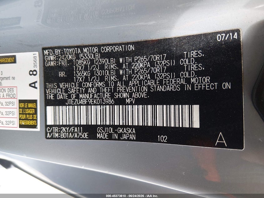 2014 Toyota Fj cruiser VIN JTEZU4BF9EK013986 IAAI salvage auction — FRONT END, Clear (South Carolina), sold $10,000 on 2026-07-28 (photo 9)