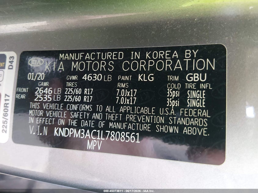 2020 Kia Sportage VIN KNDPM3AC1L7808561 IAAI salvage auction — REAR END, Salvage (Ohio), sold $4,125 on 2026-07-21 (photo 9)