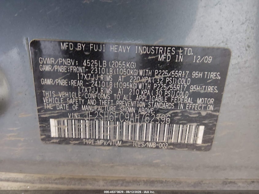 2010 Subaru Forester VIN JF2SH6FC9AH762396 IAAI salvage auction — FRONT END, Bill Of Sale (Alaska), sold $825 on 2026-07-10 (photo 9)