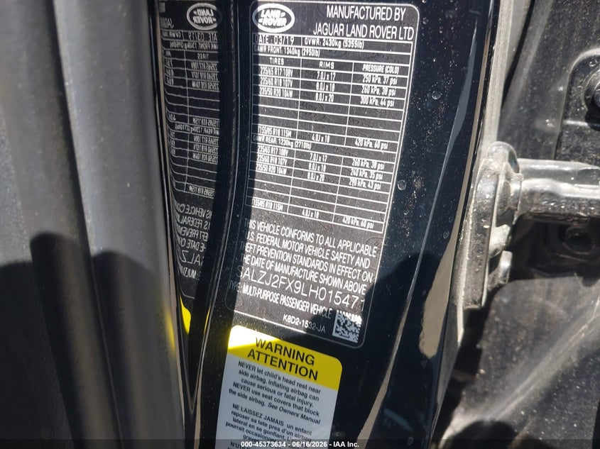 2020 Land rover Range rover evoque VIN SALZJ2FX9LH015471 IAAI salvage auction — FRONT END, Clear (California), sold $9,300 on 2026-07-07 (photo 9)