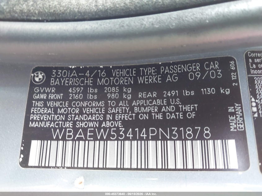 2004 BMW 3 series VIN WBAEW53414PN31878 IAAI salvage auction — LEFT FRONT, Salvage (California), sold $500 on 2026-07-27 (photo 9)