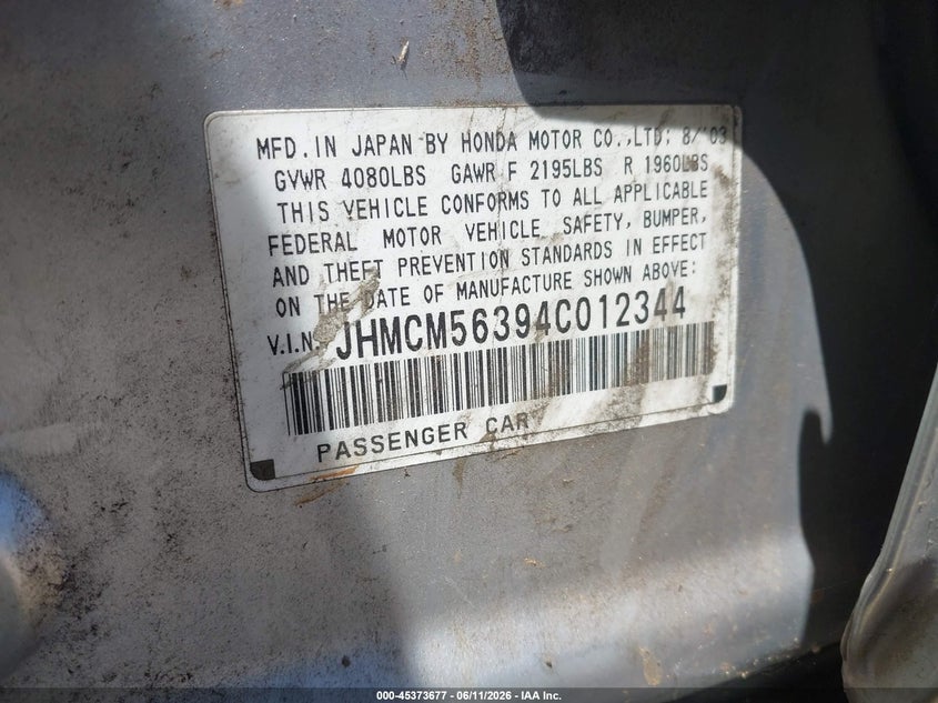 2004 Honda Accord VIN JHMCM56394C012344 IAAI salvage auction — NORMAL WEAR, Clear - Dealer Only (California), sold $350 on 2026-07-15 (photo 9)