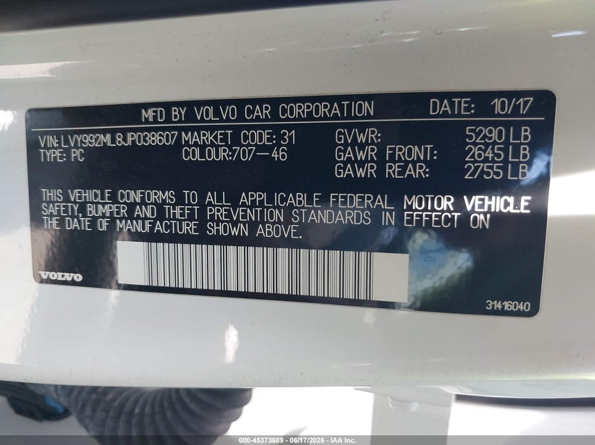 2018 Volvo S90 VIN LVY992ML8JP038607 IAAI salvage auction — RIGHT SIDE, Salvage Certificate (California), sold $4,150 on 2026-07-15 (photo 9)