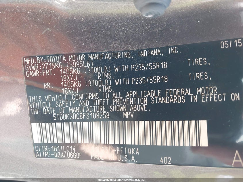 2015 Toyota Sienna VIN 5TDDK3DC8FS108258 IAAI salvage auction — REAR END, Mv-907A (New York), sold $4,150 on 2026-07-07 (photo 9)
