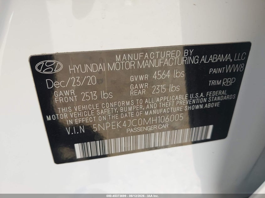 2021 Hyundai Sonata VIN 5NPEK4JC0MH106005 IAAI salvage auction — RIGHT SIDE, Salvage Title, sold $7,100 on 2026-07-27 (photo 9)