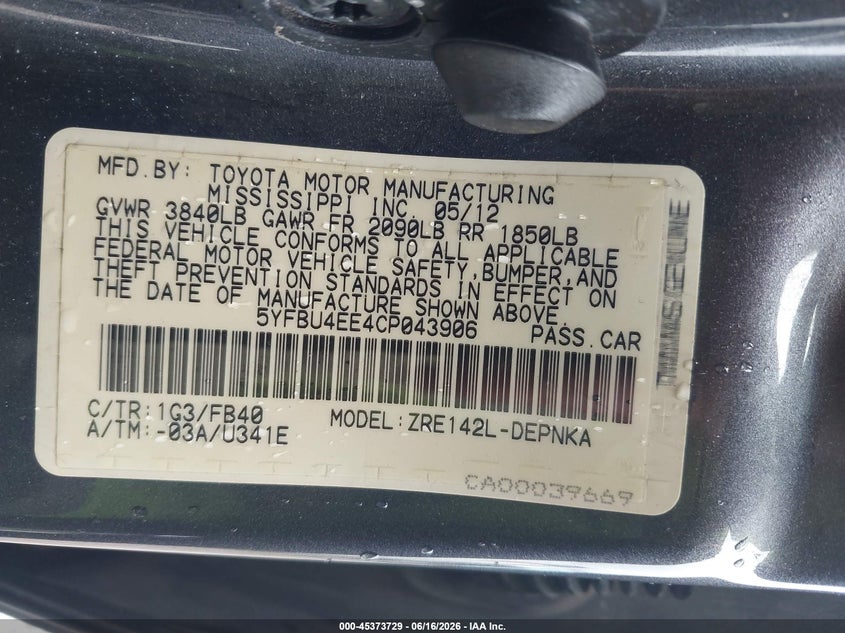 2012 Toyota Corolla VIN 5YFBU4EE4CP043906 IAAI salvage auction — NORMAL WEAR, Original (Texas), sold $3,300 on 2026-07-15 (photo 9)