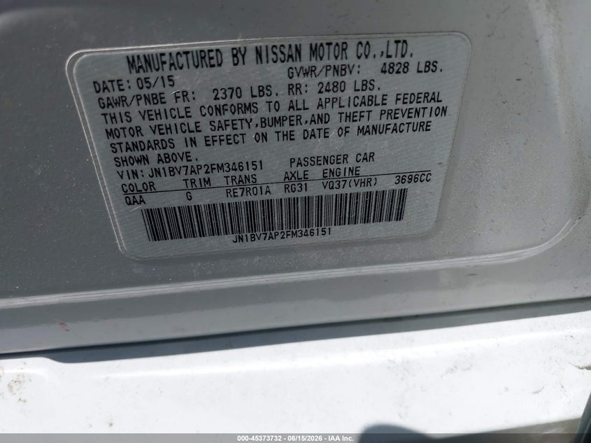 2015 Infiniti Q50 VIN JN1BV7AP2FM346151 IAAI salvage auction — FRONT END, Salvage Title, sold $2,600 on 2026-07-08 (photo 9)