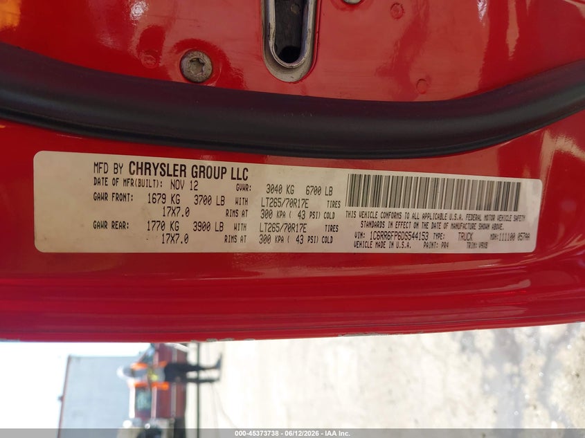 2013 Ram 1500 VIN 1C6RR6FP6DS544153 IAAI salvage auction — LEFT REAR, Salvage - Greater Than 75% (Maryland), sold $1,400 on 2026-08-28 (photo 9)