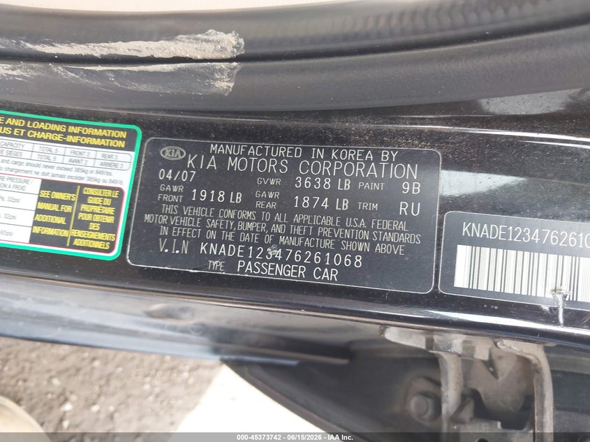 2007 Kia Rio VIN KNADE123476261068 IAAI salvage auction — FRONT END, Salvage (Texas), sold $25 on 2026-07-21 (photo 9)