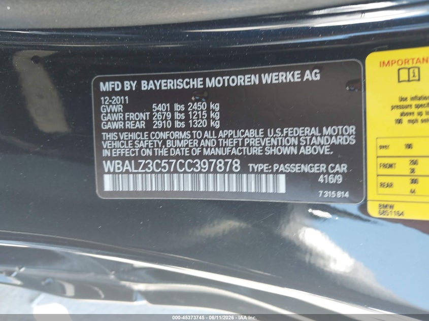 2012 BMW VIN WBALZ3C57CC397878 IAAI salvage auction — NORMAL WEAR, Clear - Dealer Only (California), sold $4,600 on 2026-07-13 (photo 9)