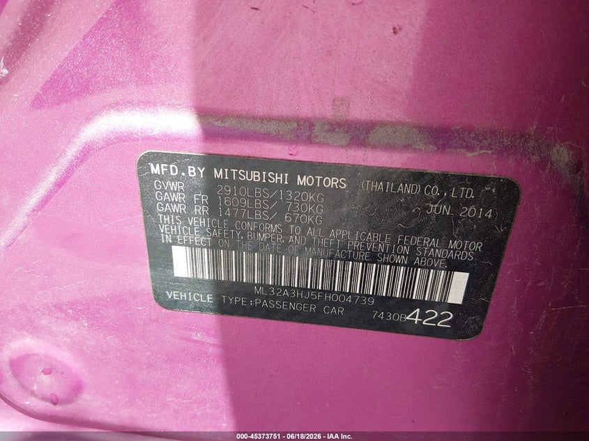 2015 Mitsubishi Mirage VIN ML32A3HJ5FH004739 IAAI salvage auction — FRONT END, Clear (Virginia), sold $75 on 2026-07-10 (photo 9)