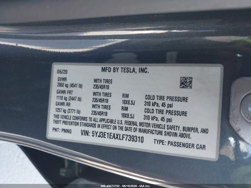 2020 Tesla Model 3 VIN 5YJ3E1EAXLF739310 IAAI salvage auction — LEFT REAR, Salvage Title, sold $6,000 on 2026-07-13 (photo 9)