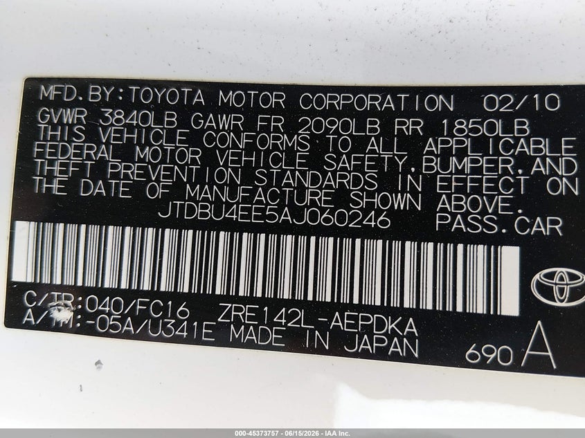 2010 Toyota Corolla VIN JTDBU4EE5AJ060246 IAAI salvage auction — REAR END, Salvage (Oregon), sold $1,000 on 2026-07-23 (photo 9)