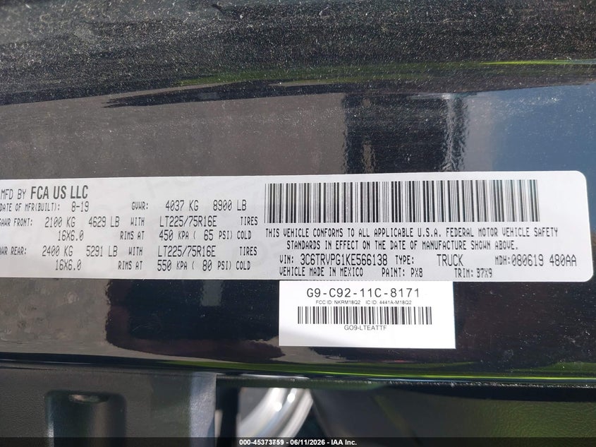 2019 Ram Promaster 2500 VIN 3C6TRVPG1KE566138 IAAI salvage auction — NORMAL WEAR, Sf97 (Indiana), sold $14,300 on 2026-07-15 (photo 9)