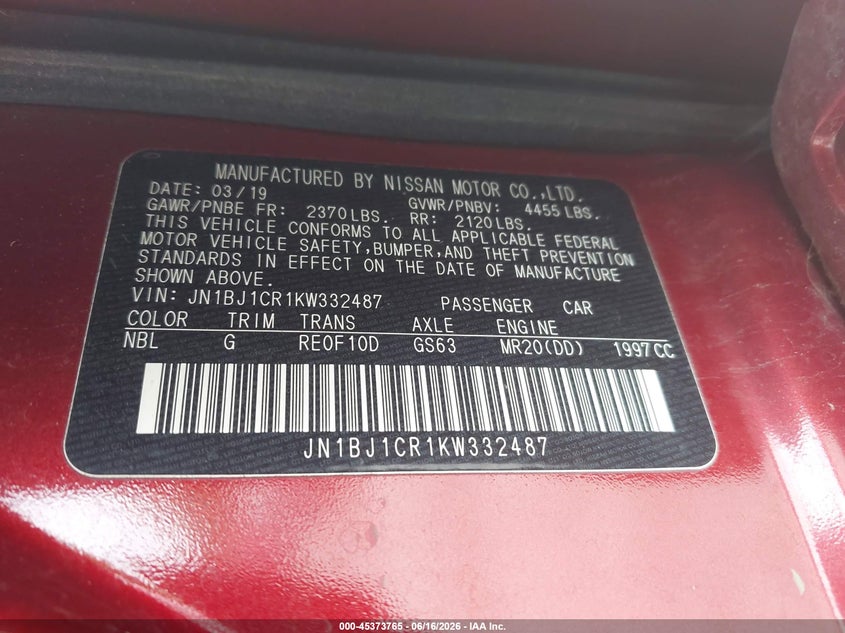 2019 Nissan Rogue VIN JN1BJ1CR1KW332487 IAAI salvage auction — UNKNOWN, Salvage (Ohio), sold $2,400 on 2026-07-21 (photo 9)