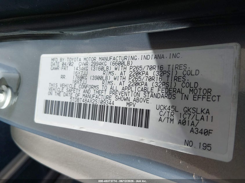2002 Toyota Sequoia VIN 5TDBT48AX2S109344 IAAI salvage auction — NORMAL WEAR, Regular Certificate (Iowa), sold $575 on 2026-07-21 (photo 9)