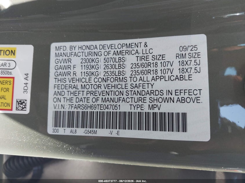 2026 Honda Cr-v VIN 7FARS6H69TE047051 IAAI salvage auction — FRONT END, Salvage Title, sold $15,200 on 2026-08-01 (photo 9)