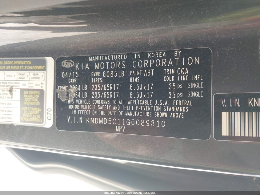 2016 Kia SEDONA VIN KNDMB5C11G6089310 IAAI salvage auction — NORMAL WEAR, Clear (Utah), sold $1,250 on 2026-07-09 (photo 9)