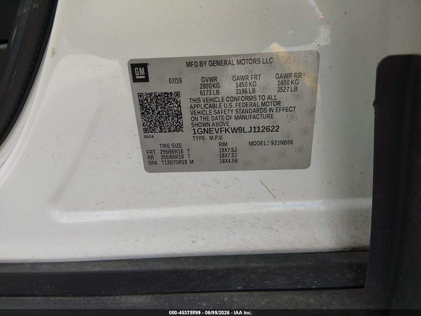 2020 Chevrolet Traverse VIN 1GNEVFKW9LJ112622 IAAI salvage auction — NORMAL WEAR, Sf97 (Louisiana), sold $12,000 on 2026-08-03 (photo 9)
