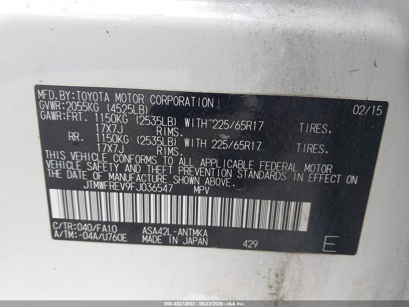 2015 Toyota VIN JTMWFREV9FJ036547 IAAI salvage auction — BIO HAZARD, Salvage (Georgia), sold $25 on 2026-07-24 (photo 9)