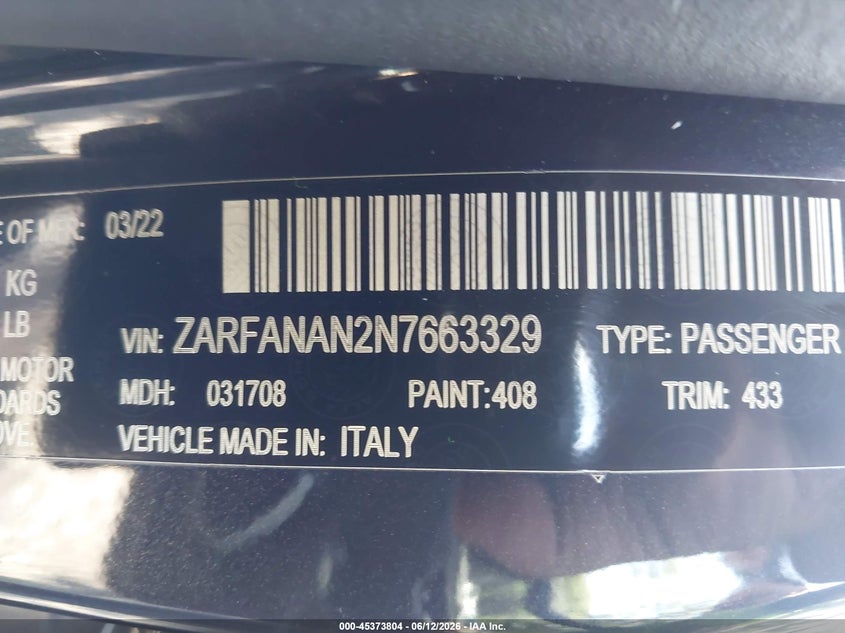 2022 Alfa romeo Giulia VIN ZARFANAN2N7663329 IAAI salvage auction — FRONT END, Salvage (New Jersey), sold $7,075 on 2026-07-29 (photo 9)