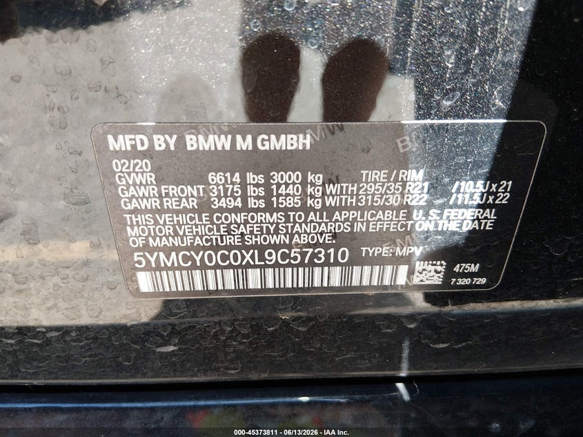 2020 BMW X6 m VIN 5YMCY0C0XL9C57310 IAAI salvage auction — FRONT END, Certificate Of Destruction (Florida), sold $29,250 on 2026-07-21 (photo 9)