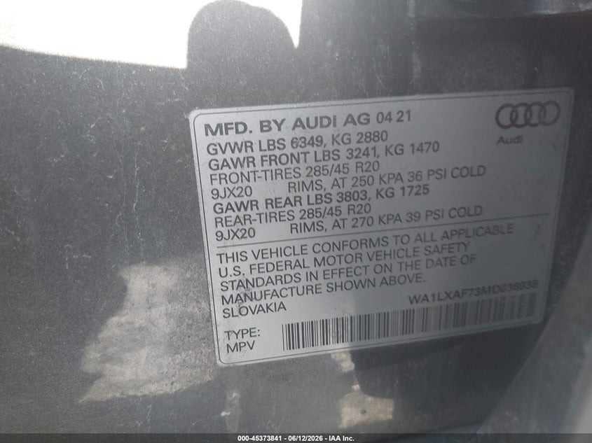 2021 Audi Q7 VIN WA1LXAF73MD036938 IAAI salvage auction — FRONT END, Salvage (Pennsylvania), sold $12,600 on 2026-07-09 (photo 9)