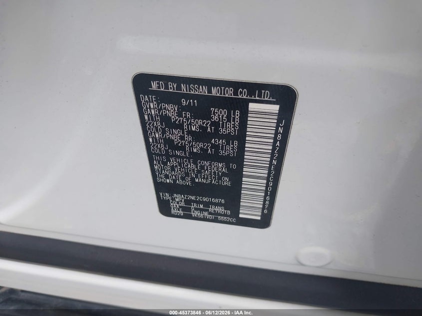 2012 Infiniti Qx56 VIN JN8AZ2NE2C9016876 IAAI salvage auction — FRONT & REAR, Salvage (Georgia), sold $2,550 on 2026-07-28 (photo 9)