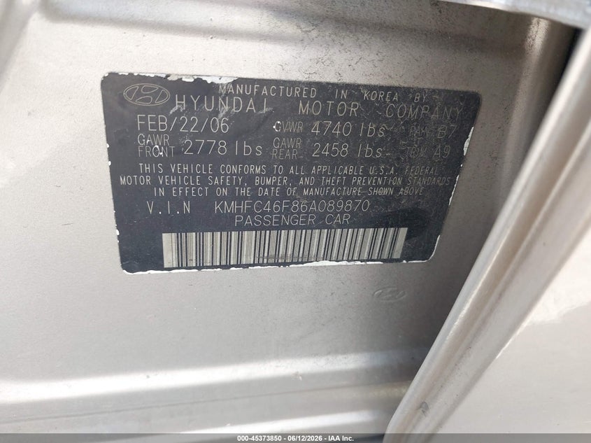 2006 Hyundai Azera VIN KMHFC46F86A089870 IAAI salvage auction — NORMAL WEAR, Clear (Washington), sold $350 on 2026-07-22 (photo 9)