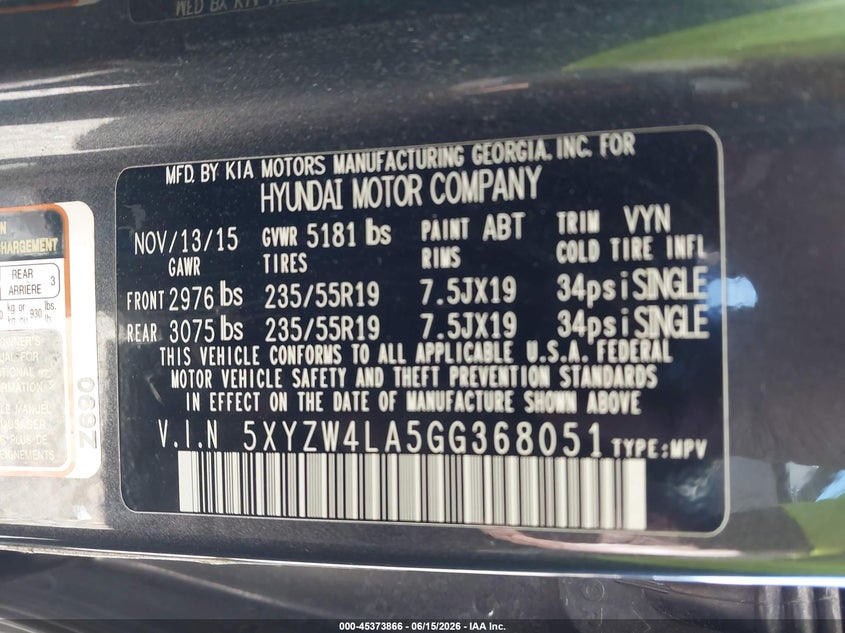2016 Hyundai Santa fe VIN 5XYZW4LA5GG368051 IAAI salvage auction — UNDERCARRIAGE, Salvage Title, sold $2,250 on 2026-07-30 (photo 9)
