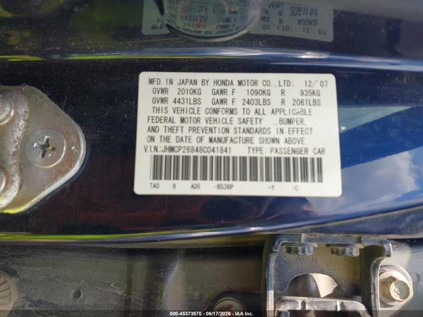 2008 Honda Accord VIN JHMCP26848C041841 IAAI salvage auction — FRONT & REAR, Salvage (Kansas), sold $550 on 2026-07-09 (photo 9)