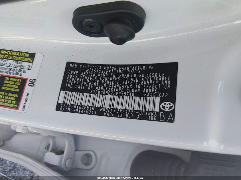 2015 Toyota Corolla VIN 5YFBURHE7FP359748 IAAI salvage auction — FRONT END, Salvage - Greater Than 75% (Maryland), sold $1,000 on 2026-07-24 (photo 9)