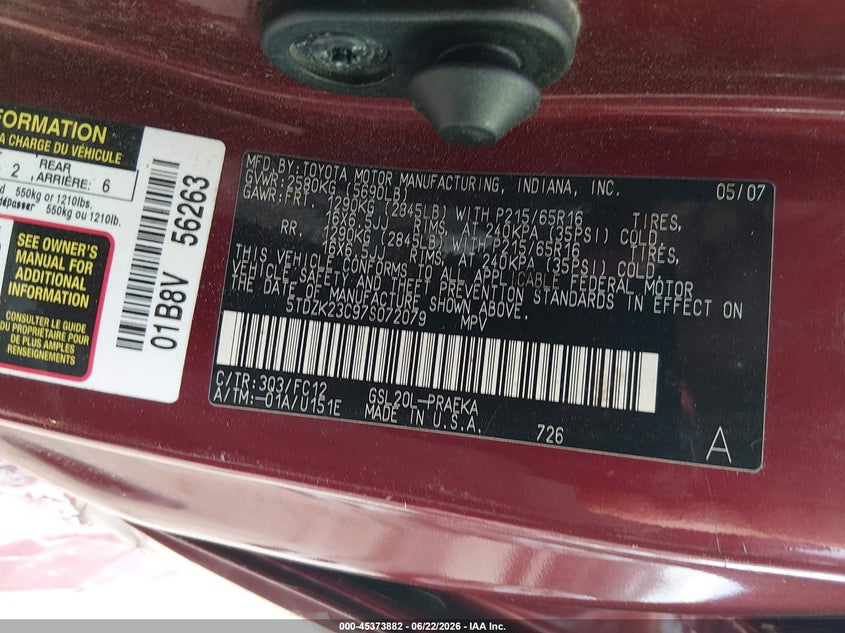 2007 Toyota Sienna VIN 5TDZK23C97S072079 IAAI salvage auction — SIDE, Salvage (Louisiana), sold $375 on 2026-07-15 (photo 9)