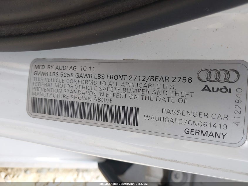 2012 Audi A6 VIN WAUHGAFC7CN061419 IAAI salvage auction — FRONT END, Clear (Virginia), sold $2,575 on 2026-07-13 (photo 9)
