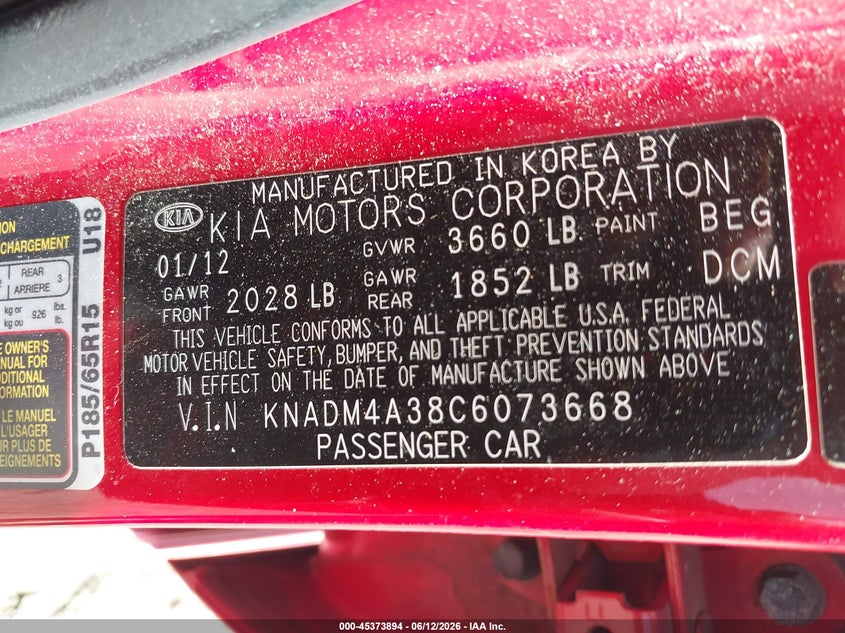 2012 Kia Rio VIN KNADM4A38C6073668 IAAI salvage auction — FRONT END, Salvage (Pennsylvania), sold $375 on 2026-07-10 (photo 9)
