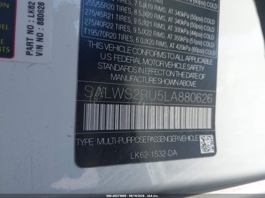 2020 Land rover Range rover sport VIN SALWS2RU5LA880626 IAAI salvage auction — FRONT END, Salvage (California), sold $15,075 on 2026-07-08 (photo 9)