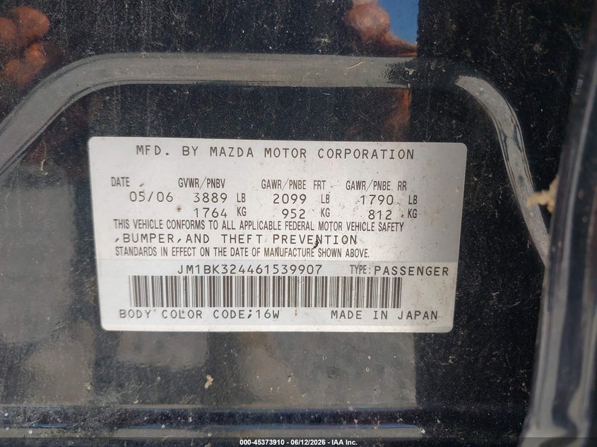 2006 Mazda 3 VIN JM1BK324461539907 IAAI salvage auction — NORMAL WEAR, Clear (Missouri), sold $325 on 2026-07-30 (photo 9)