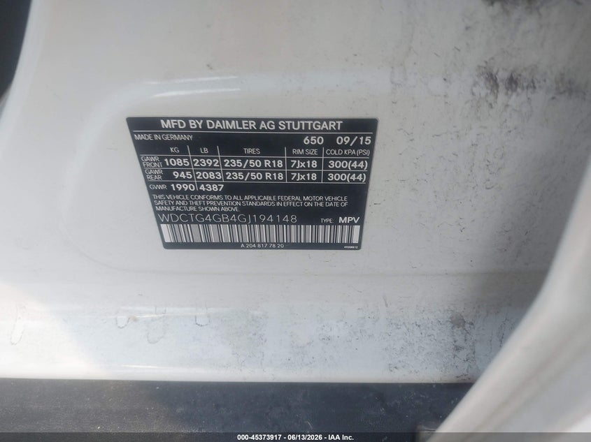 2016 Mercedes-benz Gla-klasse VIN WDCTG4GB4GJ194148 IAAI salvage auction — FRONT END, Salvage (Texas), sold $2,100 on 2026-07-29 (photo 9)