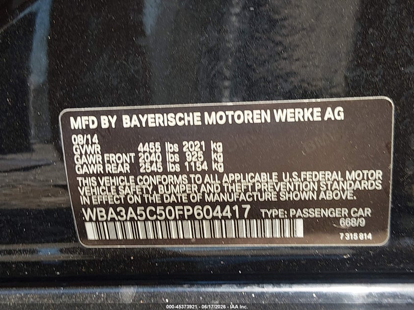 2015 BMW VIN WBA3A5C50FP604417 IAAI salvage auction — FRONT END, Clear (Tennessee), sold $1,100 on 2026-07-23 (photo 9)