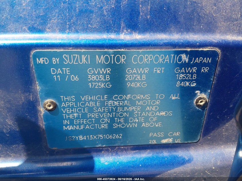 2007 Suzuki Sx4 VIN JS2YB413X75106262 IAAI salvage auction — RIGHT FRONT, Salvage (Pennsylvania), sold $450 on 2026-07-08 (photo 9)