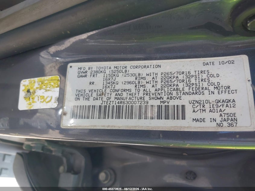 2003 Toyota 4runner VIN JTEZT14R630007239 IAAI salvage auction — NORMAL WEAR, Original (Texas), sold $2,500 on 2026-07-08 (photo 9)