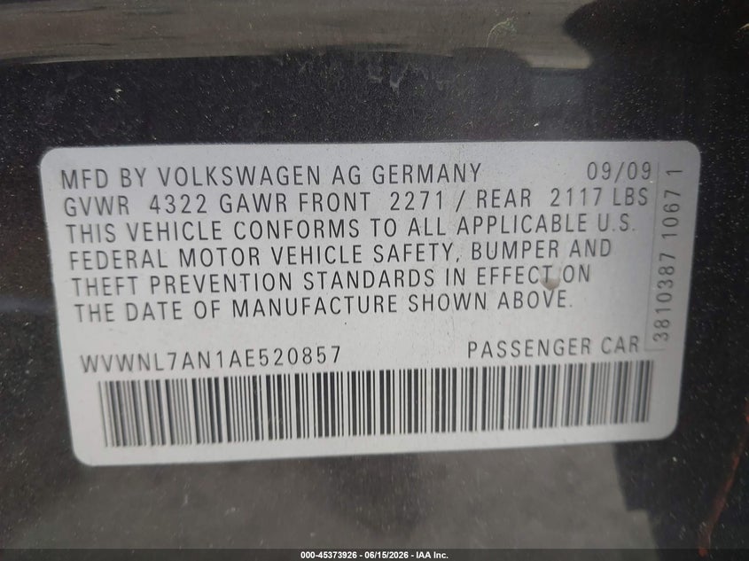 2010 Volkswagen Cc VIN WVWNL7AN1AE520857 IAAI salvage auction — UNKNOWN, Salvage (Massachusetts), sold $100 on 2026-08-04 (photo 9)