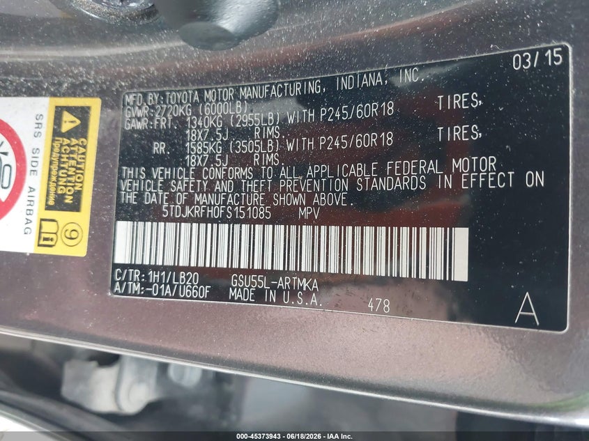 2015 Toyota Highlander VIN 5TDJKRFH0FS151085 IAAI salvage auction — FRONT END, Salvage Title, sold $1,200 on 2026-07-28 (photo 9)
