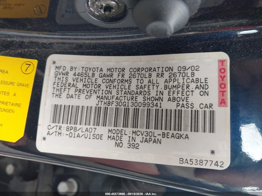 2003 Lexus Es 300 VIN JTHBF30G130099341 IAAI salvage auction — NORMAL WEAR, Clear (New York), sold $425 on 2026-07-09 (photo 9)